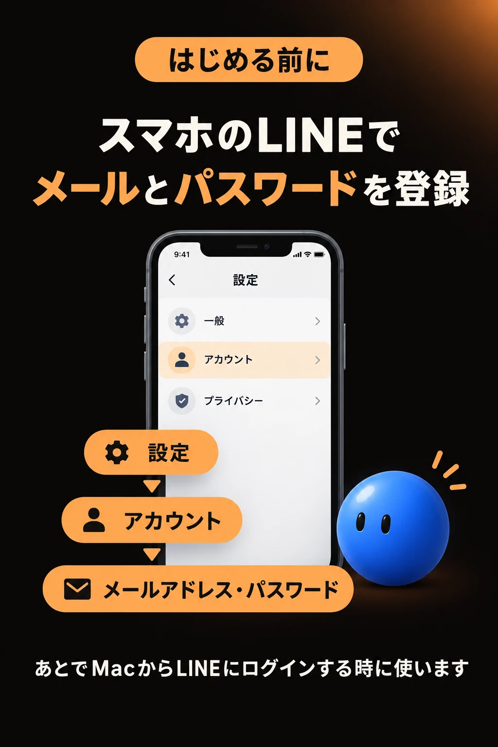 はじめる前に：スマホのLINEでメールとパスワードを登録（設定→アカウント→メールアドレス・パスワード）