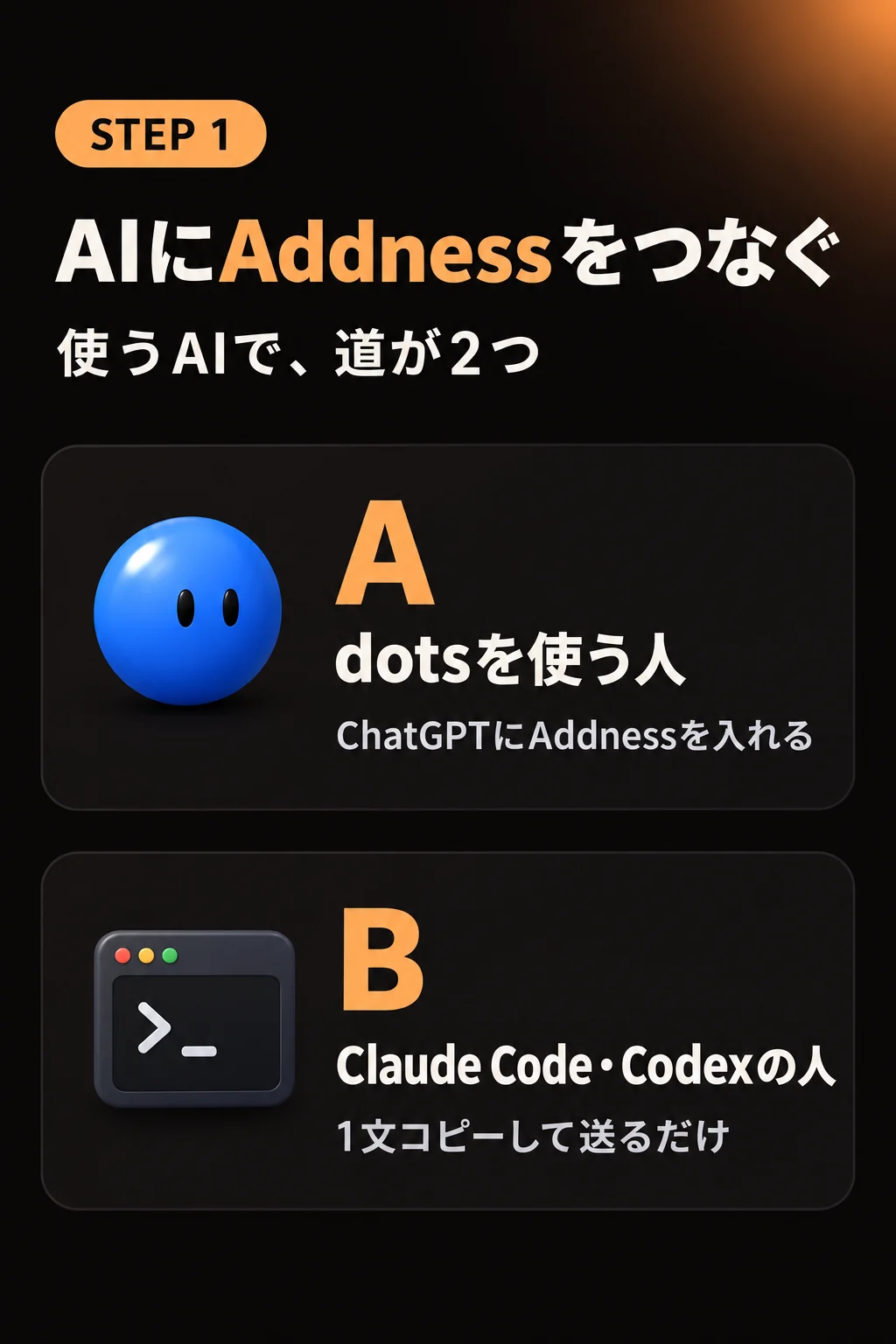 STEP1 AIにAddnessをつなぐ。A：dotsを使う人／B：Claude Code・Codexの人
