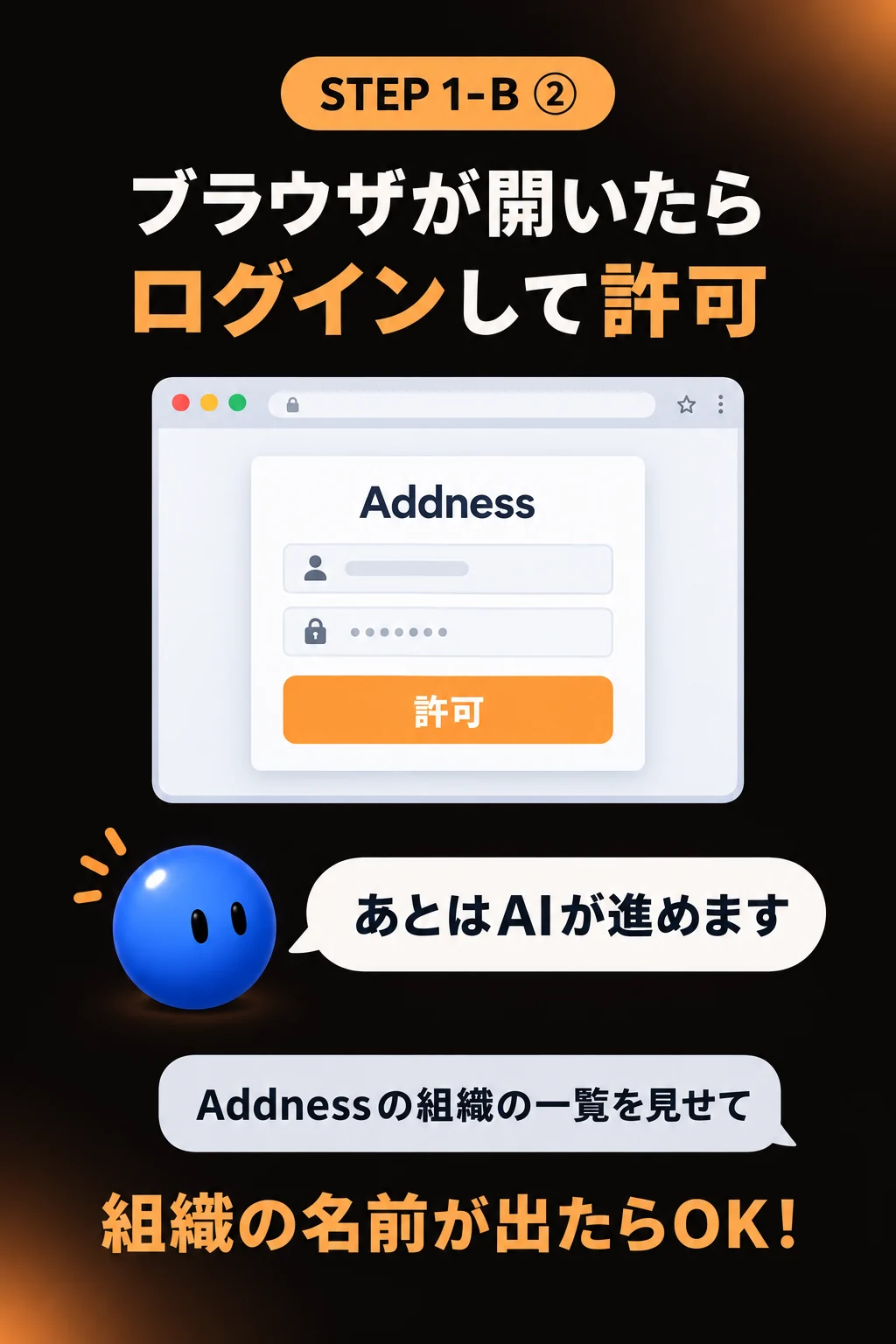 STEP1-B② ブラウザが開いたらログインして許可。あとはAIが進める