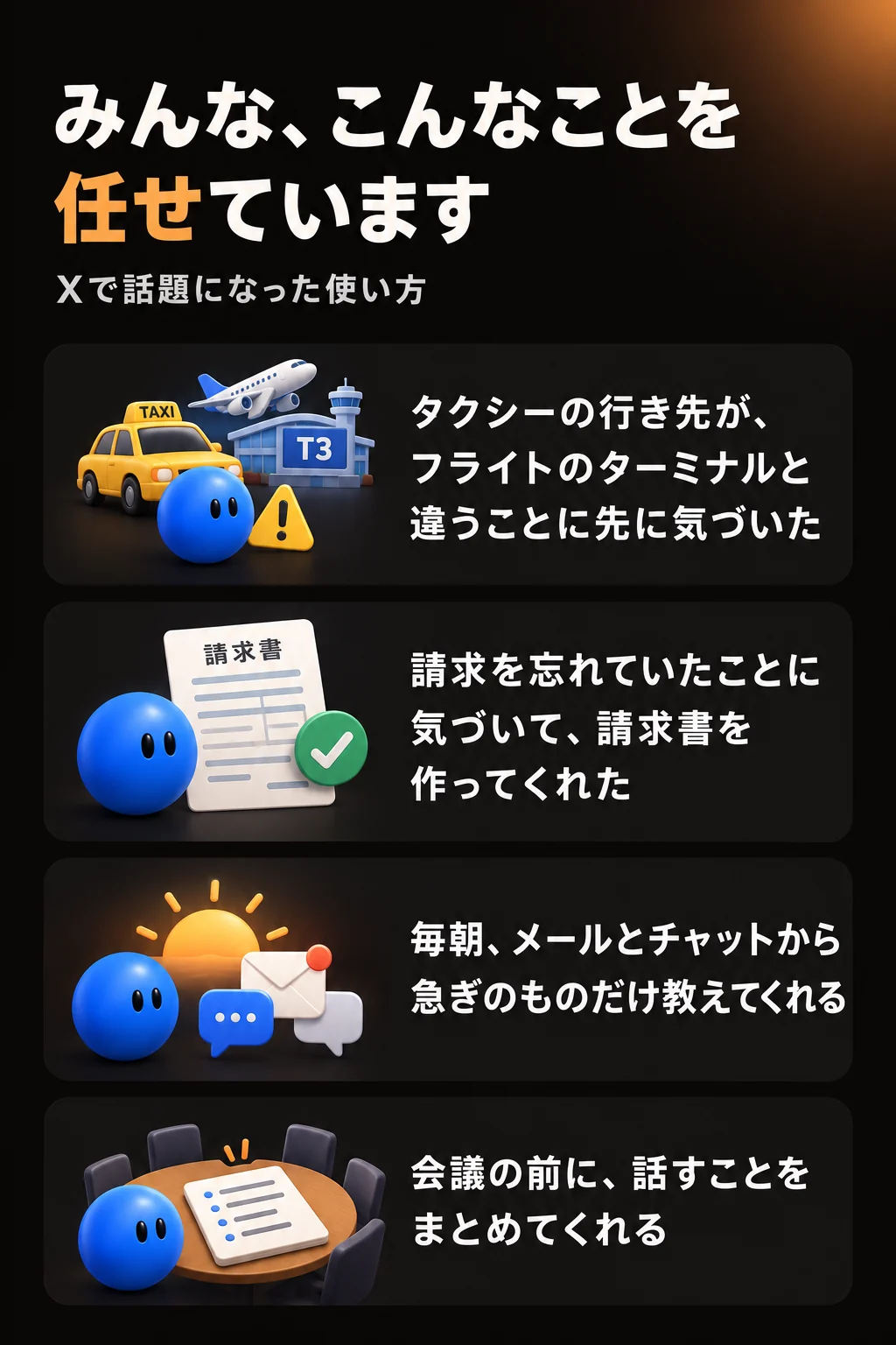 みんな、こんなことを任せています：タクシーの行き先がフライトのターミナルと違うことに先に気づいた／請求を忘れていたことに気づいて請求書を作ってくれた／毎朝メールとチャットから急ぎのものだけ教えてくれる／会議の前に話すことをまとめてくれる