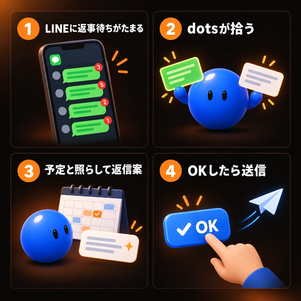 1 LINEに返事待ちがたまる 2 dotsが拾う 3 予定と照らして返信案 4 OKしたら送信