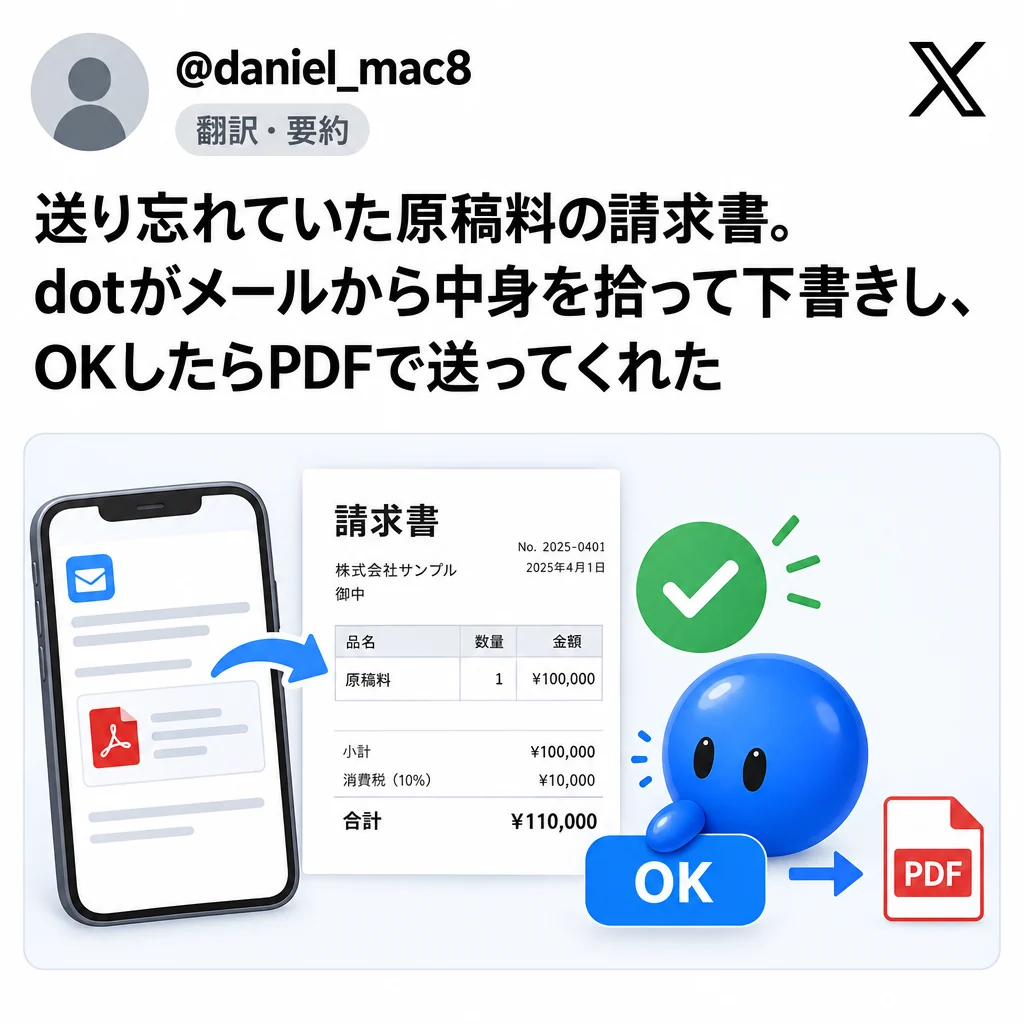 @daniel_mac8:送り忘れていた原稿料の請求書。dotがメールから中身を拾って下書きし、OKしたらPDFで送ってくれた