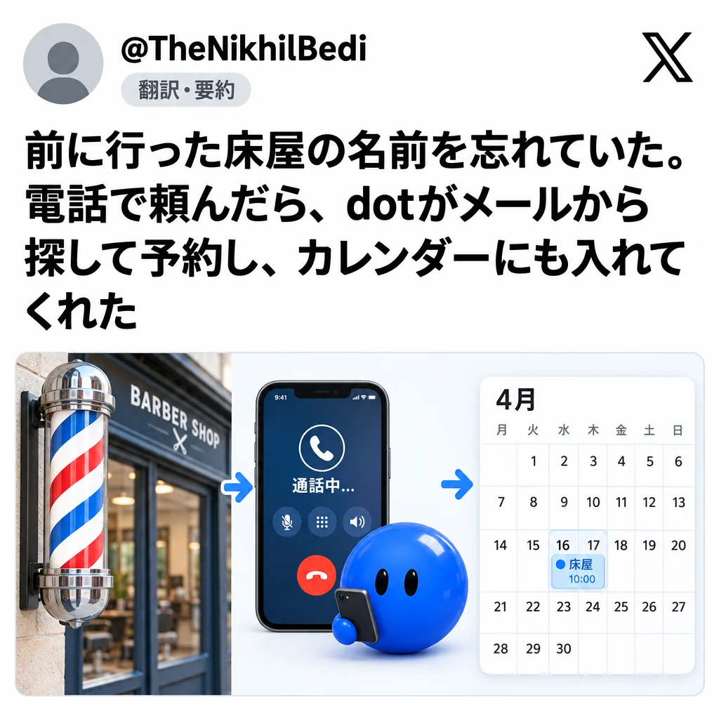 @TheNikhilBedi:前に行った床屋を忘れていた。電話で頼んだら、メールから探して予約し、カレンダーにも入れてくれた